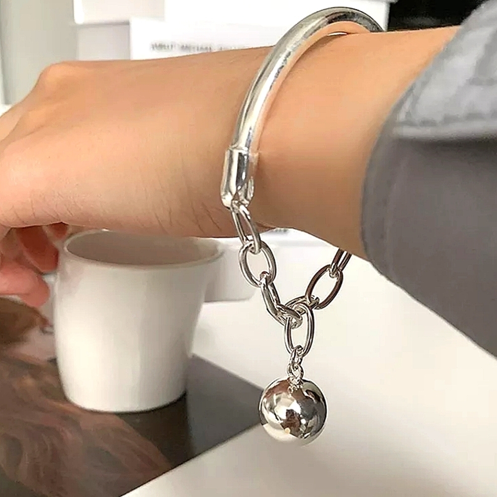 Silver Ball Drop Bracelet Chain Link Half Moon Minimalist Bangle